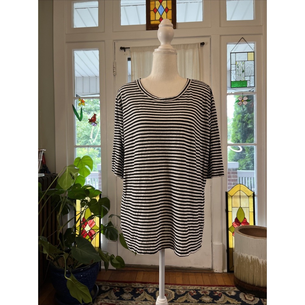 NEW Who What Wear Women XL Linen Blend French Stripe Tee T Shirt Black White